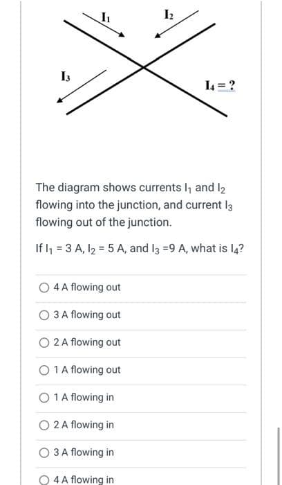 I3
I4 = ?
The diagram shows currents l and l2
flowing into the junction, and current l3
flowing out of the junction.
If l = 3 A, l2 = 5 A, and l3 =9 A, what is I4?
4 A flowing out
3 A flowing out
O 2 A flowing out
O 1A flowing out
O 1A flowing in
O 2 A flowing in
3 A flowing in
4 A flowing in
