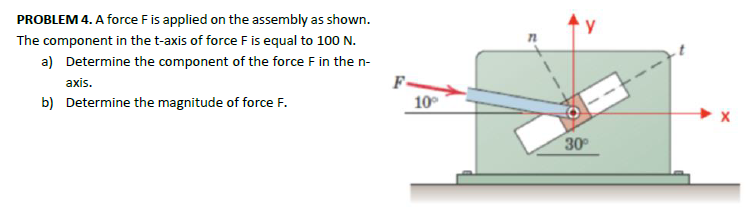 PROBLEM 4. A force F is applied on the assembly as shown.
The component in the t-axis of force F is equal to 100 N.
a) Determine the component of the force F in the n-
axis.
b) Determine the magnitude of force F.
F-
10°
30°