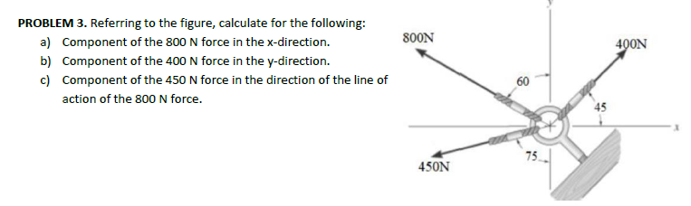 PROBLEM 3. Referring to the figure, calculate for the following:
a) Component of the 800 N force in the x-direction.
b) Component of the 400 N force in the y-direction.
c) Component of the 450 N force in the direction of the line of
action of the 800 N force.
800N
60
75
450N
400N