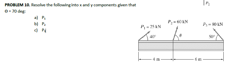 PROBLEM 10. Resolve the following into x and y components given that
e = 70 deg:
a)
P₁
b) P₂
c) P
P₂ = 60 kN
P₁ = 25 kN
40°
6 m
4 m
P₂
P3 = 80 kN
50°