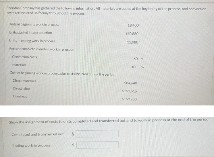 Sheridan Company has gathered the following information. All materials are added at the beginning of the process, and conversion
costs are incurred uniformly throughout the process.
Units in beginning work in process
Units started into production
Units in ending work in process
Percent complete in ending work in process:
Conversion costs
Materials
Cost of beginning work in process, plus costs incurred during the period:
Direct materials
Direct labor
Overhead
Completed and transferred out $
18,400
Ending work in process
150,880
22,080
60 %
100 %
Show the assignment of costs to units completed and transferred out and to work in process at the end of the period.
$84,640
$151,616
$169,280