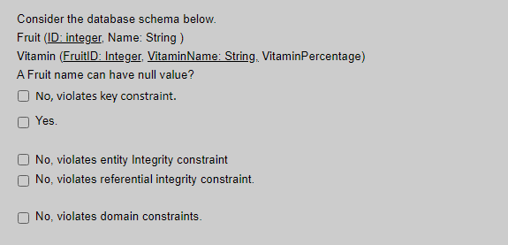 Consider the database schema below.
Fruit (ID: integer, Name: String )
Vitamin (FruitID: Integer. VitaminName: String, VitaminPercentage)
A Fruit name can have null value?
No, violates key constraint.
Yes.
No, violates entity Integrity constraint
No, violates referential integrity constraint.
No, violates domain constraints.
