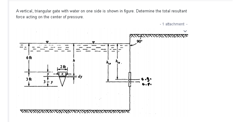 A vertical, triangular gate with water on one side is shown in figure. Determine the total resultant
force acting on the center of pressure.
- 1 attachment -
90°
6 ft
dy
3 ft
