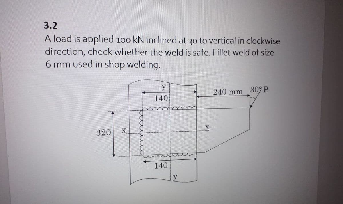 3.2
A load is applied 100 kN inclined at 30 to vertical in clockwise
direction, check whether the weld is safe. Fillet weld of size
6 mm used in shop welding.
320
X
y
140
140
X
240 mm 309 P