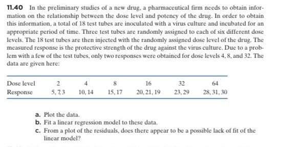 11.40 In the preliminary studies of a new drug, a pharmaceutical firm needs to obtain infor-
mation on the relationship between the dose level and potency of the drug. In order to obtain
this information, a total of 18 test tubes are inoculated with a virus culture and incubated for an
appropriate period of time. Three test tubes are randomly assigned to each of six different dose
levels. The 18 test tubes are then injected with the randomly assigned dose level of the drug. The
measured response is the protective strength of the drug against the virus culture. Due to a prob-
lem with a few of the test tubes, only two responses were obtained for dose levels 4, 8, and 32. The
data are given here:
Dose level
2
8
16
32
64
Response
5,73
10, 14
15, 17
20, 21, 19
23, 29
28, 31, 30
a. Plot the data.
b. Fit a linear regression model to these data.
c. From a plot of the residuals, does there appear to be a possible lack of fit of the
linear model?
