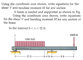 Using the coordinate axes shown, write equations for the
shear V and bending moment M for anv section
A beam is loaded and supported as shown in Fig.
Using the coordinate axes shown, write equations
for the shear V and bending moment M for any section of
the beam
In the interval 0<x< 12 ft.
4000 Ib
1000 Ibvit
12 ft
8 ft
