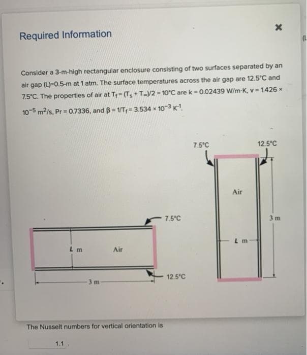 Required Information
(L
Consider a 3-m-high rectangular enclosure consisting of two surfaces separated by an
air gap (L)=0.5-m at 1 atm. The surface temperatures across the air gap are 12.5°C and
7.5°C. The properties of air at Ty=(T,+ T-y2 = 10'C are k = 0.02439 W/m-K, v= 1.426 x
10-5 m2/s, Pr = 0.7336, and B = VT= 3.534 × 10-3 K-!.
7.5°C
12.5°C
Air
7.5°C
3 m
L m
L m
Air
12.5°C
3 m
The Nusselt numbers for vertical orientation is
1.1
