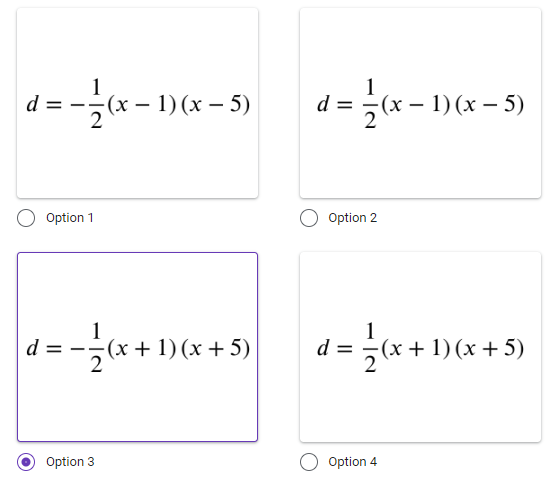 =(x-1)(x - 5)
Option 1
d
1 = -1/√(x + 1)
Option 3
-(x + 1) (x + 5)
d ½(x − 1) (x – 5)
- -
O Option 2
d = =(x + 1)(x + 5)
d = 1/2 (x + 1)(
Option 4