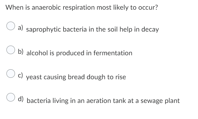 When is anaerobic respiration most likely to occur?
a) saprophytic bacteria in the soil help in decay
b) alcohol is produced in fermentation
O c)
c) yeast causing bread dough to rise
d) bacteria living in an aeration tank at a sewage plant