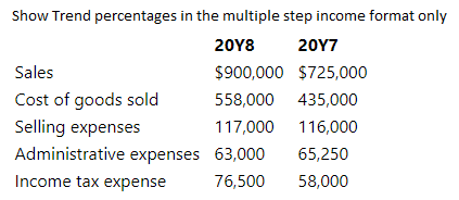 Show Trend percentages in the multiple step income format only
20Υ8
20Υ7
Sales
$900,000 $725,000
Cost of goods sold
558,000 435,000
Selling expenses
117,000
116,000
Administrative expenses 63,000
65,250
Income tax expense
76,500
58,000
