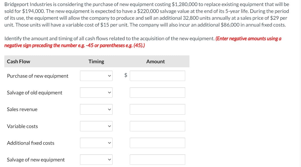 Bridgeport Industries is considering the purchase of new equipment costing $1,280,000 to replace existing equipment that will be
sold for $194,000. The new equipment is expected to have a $220,000 salvage value at the end of its 5-year life. During the period
of its use, the equipment will allow the company to produce and sell an additional 32,800 units annually at a sales price of $29 per
unit. Those units will have a variable cost of $15 per unit. The company will also incur an additional $86,000 in annual fixed costs.
Identify the amount and timing of all cash flows related to the acquisition of the new equipment. (Enter negative amounts using a
negative sign preceding the number e.g. -45 or parentheses e.g. (45).)
Cash Flow
Timing
Amount
Purchase of new equipment
$4
Salvage of old equipment
Sales revenue
Variable costs
Additional fixed costs
Salvage of new equipment
>
