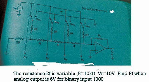 DA end AD Coeres
2R
2R
2R.
2R
R.
The resistance Rf is variable ,R=10k0, Vr=D10V.Find Rf when
analog output is 6V for binary input 1000
ww
ww.
ww
