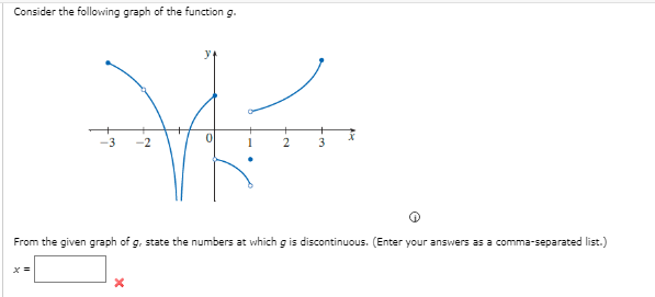 ### Analyzing Discontinuities in the Graph of Function \( g \)

#### Task
Consider the following graph of the function \( g \).

#### Graph Description
The graph depicts the function \( g \) plotted on the Cartesian plane. Key observations from the graph include:
- The x-axis ranges from approximately -3 to 4, and the y-axis spans from -3 to 3.
- The curve exhibits several distinct features, including breaks (discontinuities).

#### Points Noted
From the graph, identify the x-values at which \( g \) is discontinuous. 

#### Graph Breakdown
1. **Near \( x = -1 \)**: 
    - The curve shows a break, possibly indicating a point of discontinuity.

2. **At \( x = 0 \)**: 
    - There's a vertical asymptote, signifying the function is undefined and discontinuous at this point.

3. **Near \( x = 1 \)**: 
    - The function exhibits a removable discontinuity, represented by a hole in the graph.

4. **At \( x = 2 \)**: 
    - Similar to \( x = 1 \), there’s a clear interruption in the plot, indicating another point where \( g \) is discontinuous.

#### Instructions
From the given graph of \( g \), state the x-values where \( g \) is discontinuous. Enter your answers as a comma-separated list in the form field provided.

#### Input Field
- **x =**  \[________\]  