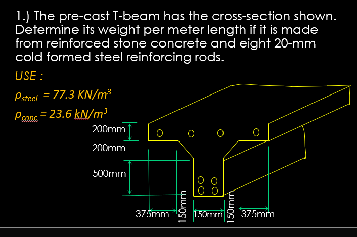 1.) The pre-cast T-beam has the cross-section shown.
Determine its weight per meter length if it is made
from reinforced stone concrete and eight 20-mm
cold formed steel reinforcing rods.
USE :
Pstel = 77.3 KN/m³
Pcons = 23.6 kN/m³
200mm
200mm
500mm
88
375mm
|150mm
375mm
150mm
150mm
