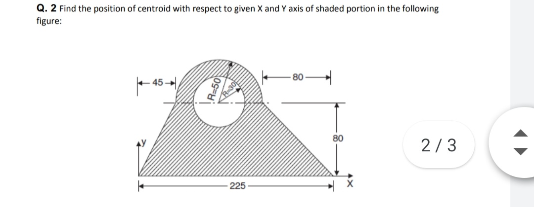 Q. 2 Find the position of centroid with respect to given X and Y axis of shaded portion in the following
figure:
80
- 45
80
2/3
225
