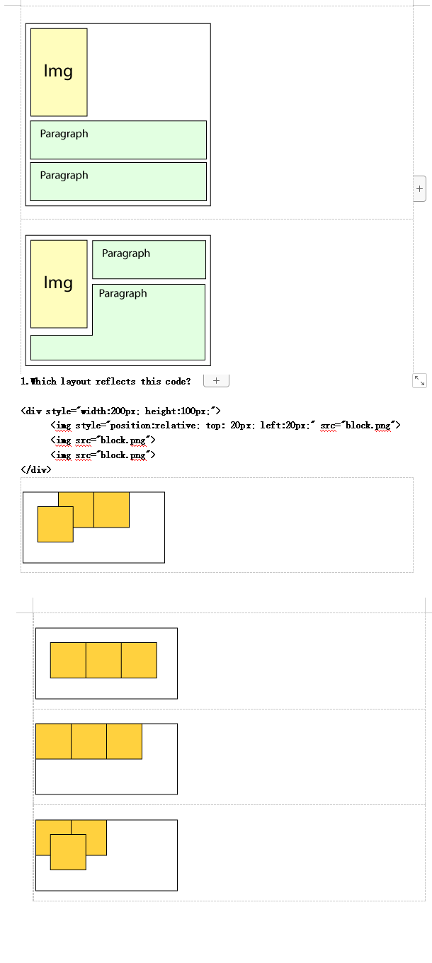 Img
Paragraph
Paragraph
Img
Paragraph
Paragraph
1. Thich layout reflects this code?
</div>
<div style="width:200px; height:100px;">
+
<ing style="position:relative; top: 20px; left:20px;" src="block.png">
<ing src="block.png">
<ing src="block.png">
161
++