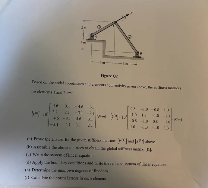 2m
[0]=107
2m
-3 m
Figure Q2
Based on the nodal coordinates and elements connectivity given above, the stiffness matrices
for elements 1 and 2 are:
4.6 3.1 -4.6 -3.1
3.1 2,1 -3.1
-2.1
-4.6 -3.1 4.6
3.1
-3.1-2.1 3.1
2.1
3 m
0.8 -1.0 -0.8 1.0
1.3 -1.0 -1.3
-1.0
(N/m) [(2)]=107
-0.8
-1.0
0.8
-1.0
1.0 -1.3 -1.0
1.3
(a) Prove the answer for the given stiffness matrices [k(¹)] and [k(2)] above.
(b) Assemble the above matrices to obtain the global stiffness matrix, [K].
(c) Write the system of linear equations.
(d) Apply the boundary conditions and write the reduced system of linear equations.
(e) Determine the unknown degrees of freedom.
(f) Calculate the normal stress in each element.
(N/m)