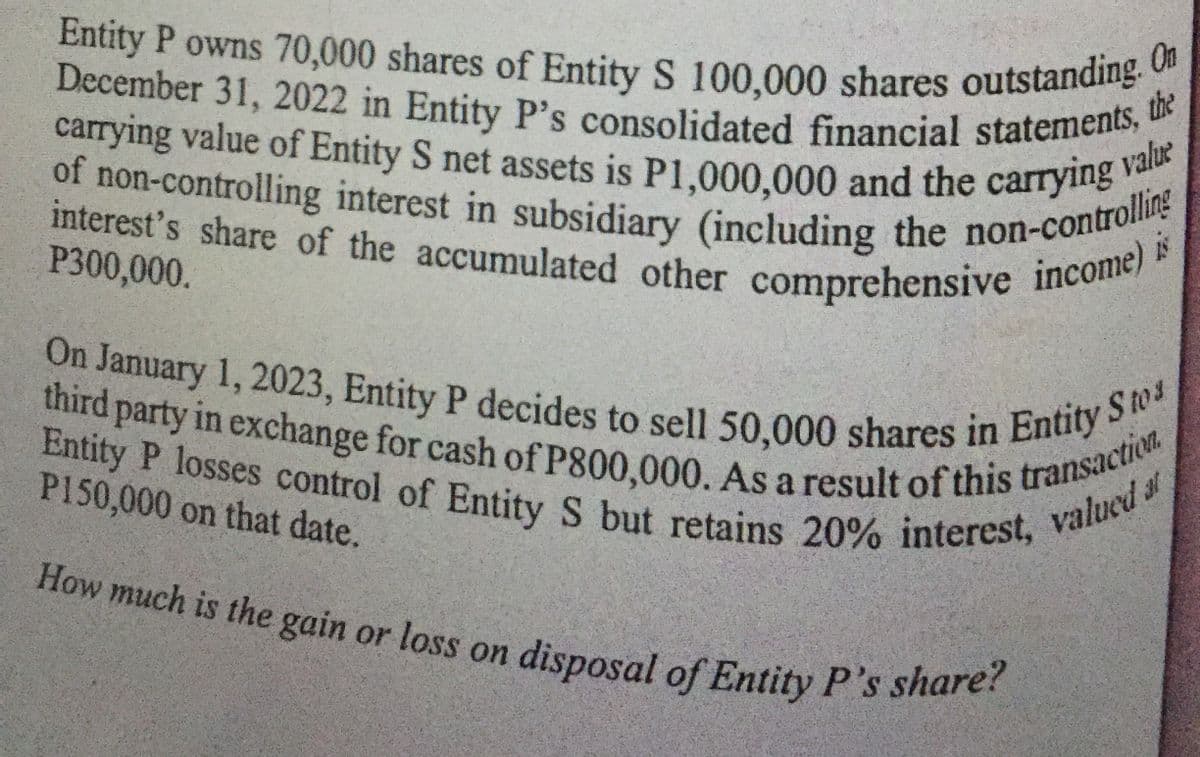 Entity P owns 70,000 shares of Entity S 100,000 shares outstanding. C
December 31, 2022 in Entity P's consolidated financial statements, t
On January 1, 2023, Entity P decides to sell 50,000 shares in Entity S tos
third party in exchange for cash of P800,000. As a result of this transaction
carrying value of Entity S net assets is P1,000,000 and the carrying v
Entity P losses control of Entity S but retains 20% interest, valued
interest's share of the accumulated other comprehensive
How much is the gain or loss on disposal of Entity P's share?
On
the
value
of non-controlling interest in subsidiary (including the non-Comu
P300,000.
income)
P150,000 on that date.
How much is the gain or loss on disposal of Entity P's share?
