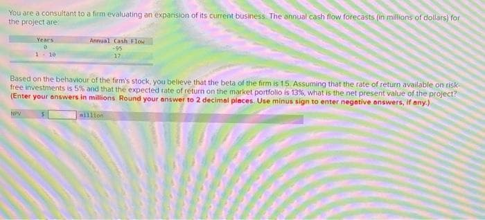 You are a consultant to a firm evaluating an expansion of its current business. The annual cash flow forecasts (in millions of dollars) for
the project are
Years
0
1 10
NPV
Annual Cash Flow
-95
17
Based on the behaviour of the firm's stock, you believe that the beta of the firm is 1.5. Assuming that the rate of return available on risk
free investments is 5% and that the expected rate of return on the market portfolio is 13%, what is the net present value of the project?
(Enter your answers in millions Round your answer to 2 decimal places. Use minus sign to enter negative answers, if any.)
million