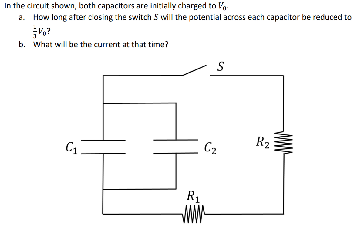 In the circuit shown, both capacitors are initially charged to Vo.
а.
How long after closing the switch S will the potential across each capacitor be reduced to
V,?
b.
What will be the current at that time?
R2
C1
C2
R1
WW
