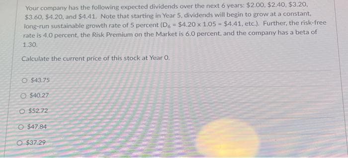 Your company has the following expected dividends over the next 6 years: $2.00, $2.40, $3.20,
$3.60, $4.20, and $4.41. Note that starting in Year 5, dividends will begin to grow at a constant,
long-run sustainable growth rate of 5 percent (D6 = $4.20 x 1.05= $4.41, etc.). Further, the risk-free
rate is 4.0 percent, the Risk Premium on the Market is 6.0 percent, and the company has a beta of
1.30.
Calculate the current price of this stock at Year 0.
O $43.75
$40.27
$52.72
O $47.84
O $37.29