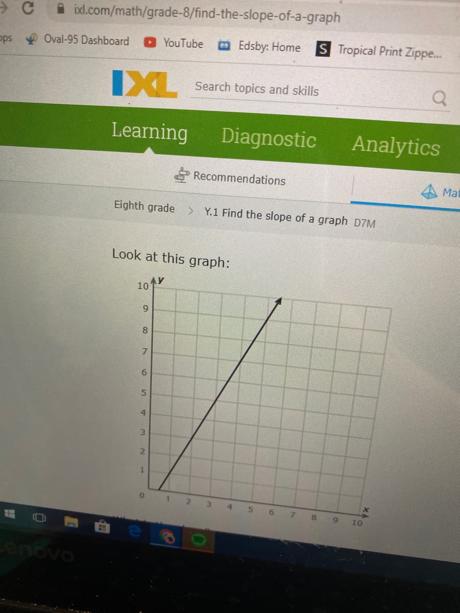 ixl.com/math/grade-8/find-the-slope-of-a-graph
Oval-95 Dashboard
YouTube
Edsby: Home
S Tropical Print Zippe.
pps
IXL
Search topics and skills
Leaming
Diagnostic
Analytics
Recommendations
Mat
Eighth grade > Y.1 Find the slope of a graph D7M
Look at this graph:
10
9
8.
6.
4
2.
0 1 2 3 4
6 7 8 9
10
