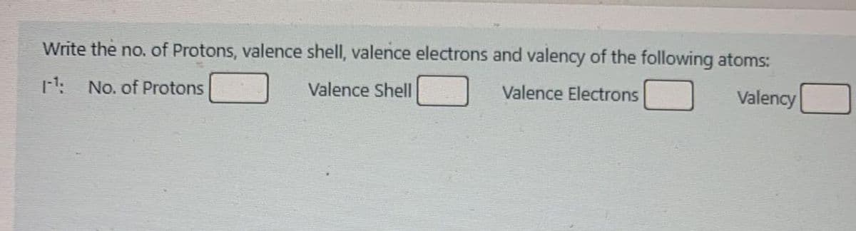 Write the no. of Protons, valence shell, valence electrons and valency of the following atoms:
No. of Protons
Valence Shell
Valence Electrons
Valency
