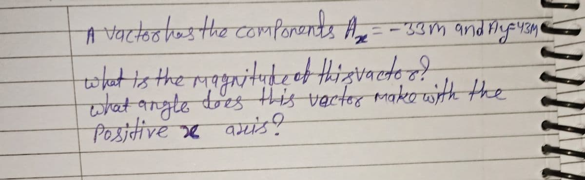 A vactor has the components A = - 33m and Aye43m
what is the magnitude of this vactos?
what angle does this vector make with the
Positive se axis?