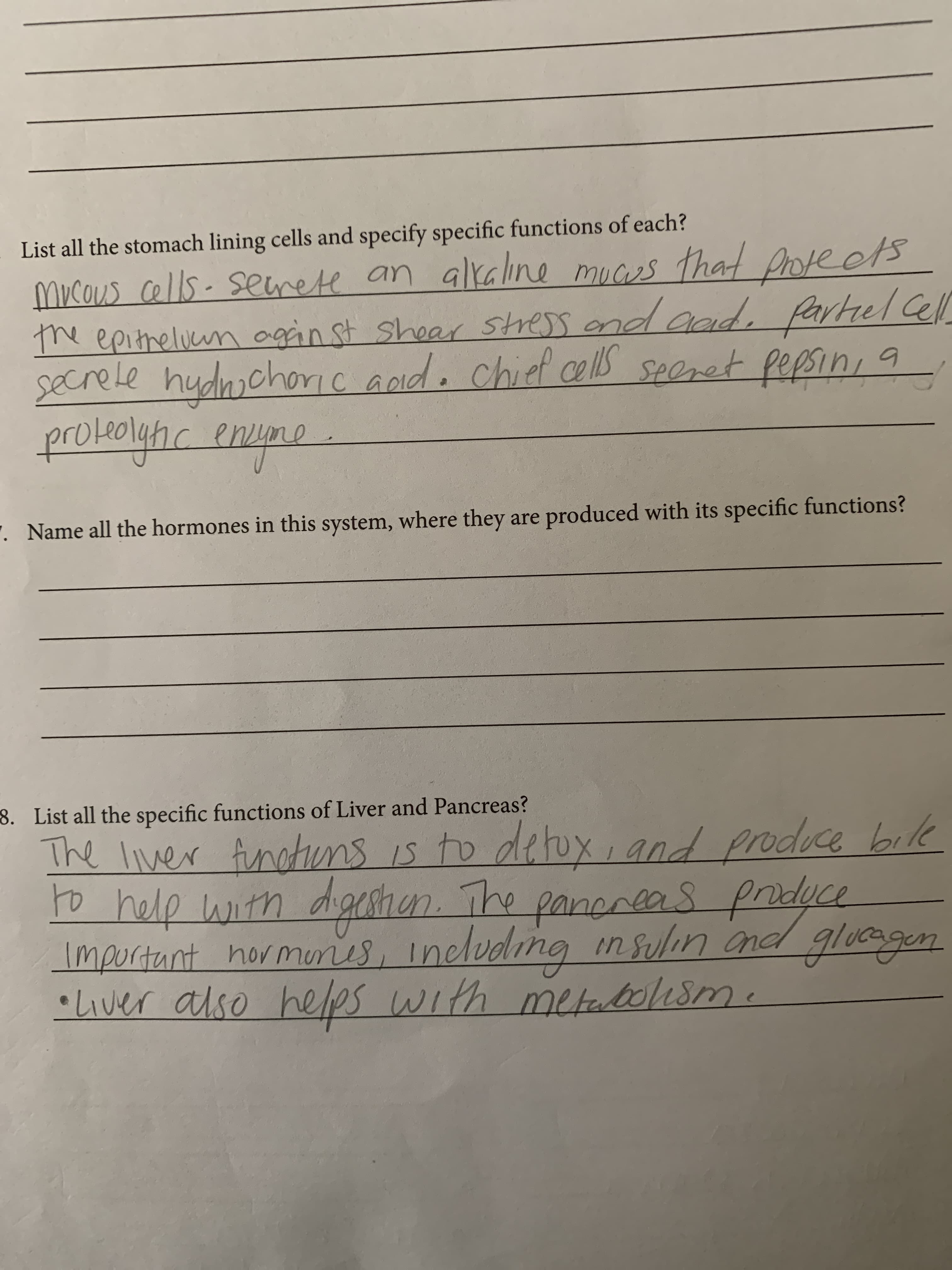 List all the stomach lining cells and specify specific functions of each?
mucous cells- seerete an alkaline muces that potects
the epitnelicun agin st shear stress ond aad, fartel Cll
secrele hudnwchorc aoido chief cels 9
proleolyhic enme
speret fepsin,
. Name all the hormones in this system, where they are produced with its specific functions?
8. List all the specific functions of Liver and Pancreas?
The liver , and produce bile
functions is to detux
to help with digeshen. The panercas prodyce
Important hormones, including in Sulin nd glucagen
with metatoism.
•Liver also
helps
