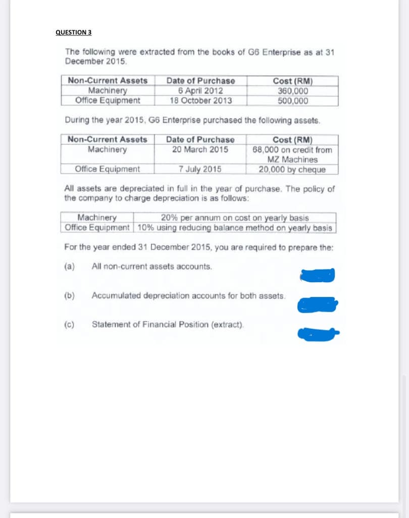 QUESTION 3
The following were extracted from the books of G6 Enterprise as at 31
December 2015.
Non-Current Assets
Machinery
Office Equipment
Cost (RM)
360,000
500,000
Date of Purchase
6 April 2012
18 October 2013
During the year 2015, G6 Enterprise purchased the following assets.
Non-Current Assets
Date of Purchase
20 March 2015
Cost (RM)
68,000 on credit from
MZ Machines
20,000 by cheque
Machinery
Office Equipment
7 July 2015
All assets are depreciated in full in the year of purchase. The policy of
the company to charge depreciation is as follows:
Machinery
Office Equipment 10% using reducing balance method on yearly basis
20% per annum on cost on yearly basis
For the year ended 31 December 2015, you are required to prepare the:
(a)
All non-current assets accounts.
(b)
Accumulated depreciation accounts for both assets.
(c)
Statement of Financial Position (extract).
