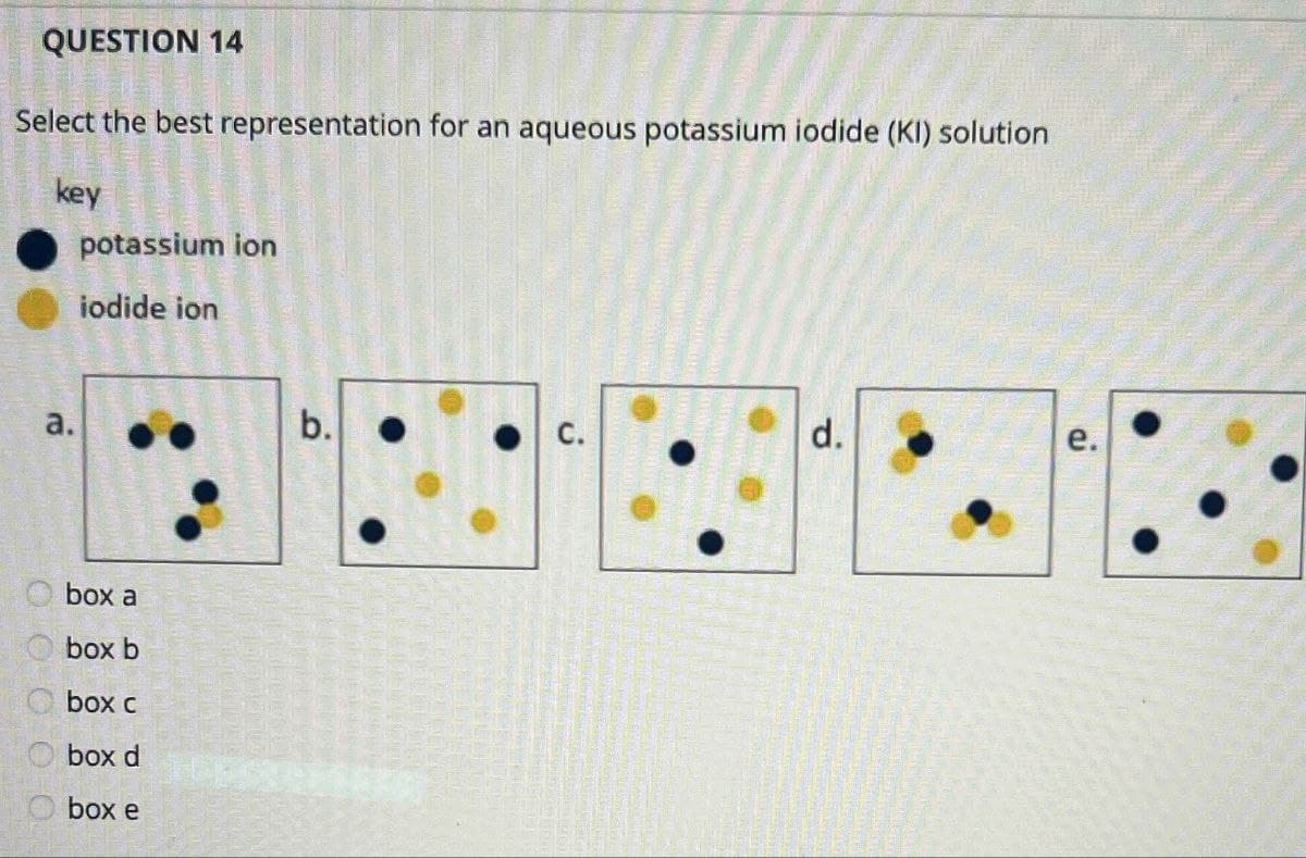 OOO
QUESTION 14
Select the best representation for an aqueous potassium iodide (KI) solution
key
potassium ion
iodide ion
a.
box a
box b
box c
box d
box e
b.
C.
d.
e.