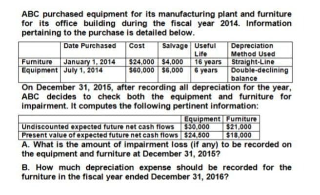 ABC purchased equipment for its manufacturing plant and furniture
for its office building during the fiscal year 2014. Information
pertaining to the purchase is detailed below.
Date Purchased
Cost
Salvage Useful
Life
Furniture
January 1, 2014
$24,000 $4,000
16 years
$60,000 $6,000
6 years
Depreciation
Method Used
Equipment July 1, 2014
Straight-Line
Double-declining
balance
On December 31, 2015, after recording all depreciation for the year,
ABC decides to check both the equipment and furniture for
impairment. It computes the following pertinent information:
Equipment Furniture
Undiscounted expected future net cash flows $30,000 $21,000
Present value of expected future net cash flows $24,500
$18,000
A. What is the amount of impairment loss (if any) to be recorded on
the equipment and furniture at December 31, 2015?
B. How much depreciation expense should be recorded for the
furniture in the fiscal year ended December 31, 2016?