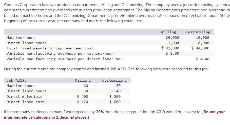 Comans Corporation has two production departments, Milling and Customizing. The company uses a job-order costing system a
computes a predetermined overhead rate in each production department. The Milling Department's predetermined overhead ra
based on machine-hours and the Customizing Department's predetermined overhead rate is based on direct labor-hours. At the
beginning of the current year, the company had made the following estimates:
Machine-hours
Job A319:
Machine-hours
Direct labor-hours
Direct materials
Direct labor cost
Direct labor-hours
Total fixed manufacturing overhead cost
Variable manufacturing overhead per machine-hour
Variable manufacturing overhead per direct labor-hour
$4.40
During the current month the company started and finished Job A319. The following data were recorded for this job:
Milling
40
30
$ 400
$ 570
Milling
Customizing
30
40
$ 200
$ 600
26,000
11,000
$ 91,000
$ 2.00
Customizing
10,000
8,000
$ 44,000
If the company marks up its manufacturing costs by 20% then the selling price for Job A319 would be closest to: (Round your
intermediate calculations to 2 decimal places.)