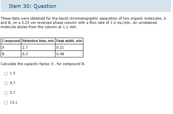 Item 30: Question
These data were obtained for the liquid chromatographic separation of two organic molecules, A
and B, on a 0.25 cm reversed phase column with a flow rate of 1.0 mL/min. An unretained
molecule elutes from the column at 1.1 min.
Compound Retention time, min Peak width, min
0.21
0.48
A
B
Calculate the capacity factor, k', for compound B.
O 1.5
4.7
5.7
2.7
6.3
13.1