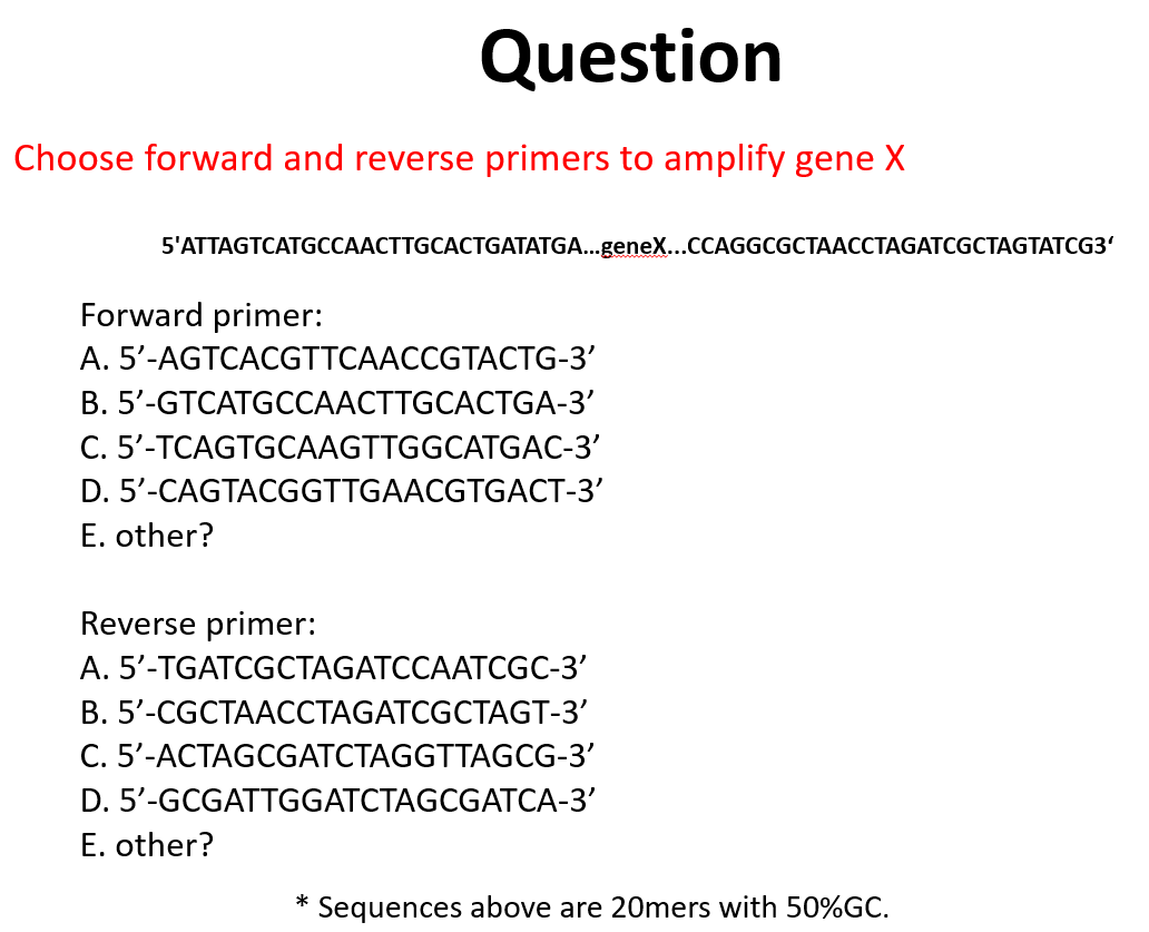 Question
Choose forward and reverse primers to amplify gene X
5'ATTAGTCATGCCAACTTGCACTGATATGA...geneX...CCAGGCGCTAACCTAGATCGCTAGTATCG3'
Forward primer:
A.
5'-AGTCACGTTCAACCGTACTG-3'
B. 5'-GTCATGCCAACTTGCACTGA-3'
C. 5'-TCAGTGCAAGTTGGCATGAC-3'
D. 5'-CAGTACGGTTGAACGTGACT-3'
E. other?
Reverse primer:
A. 5'-TGATCGCTAGATCCAATCGC-3'
B. 5'-CGCTAACCTAGATCGCTAGT-3'
C. 5'-ACTAGCGATCTAGGTTAGCG-3'
D. 5'-GCGATTGGATCTAGCGATCA-3'
E. other?
* Sequences above are 20mers with 50%GC.