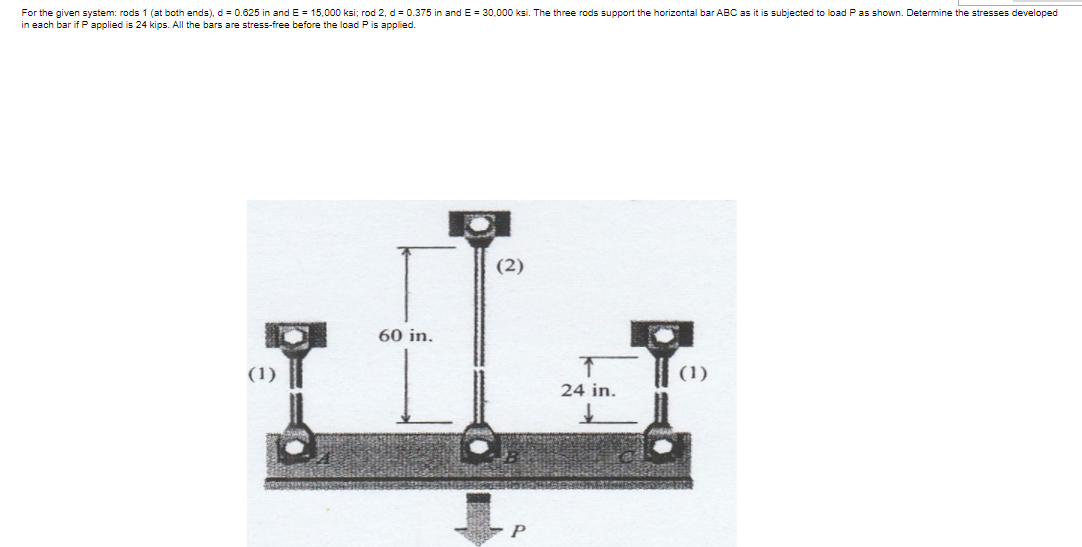 For the given system: rods 1 (at both ends), d = 0.625 in and E = 15,000 ksi; rod 2, d = 0.375 in and E = 30,000 ksi. The three rods support the horizontal bar ABC as it is subjected to load Pas shown. Determine the stresses developed
in each bar if P applied is 24 kips. All the bars are stress-free before the load P is applied.
(2)
60 in.
(1)
(1)
24 in.
