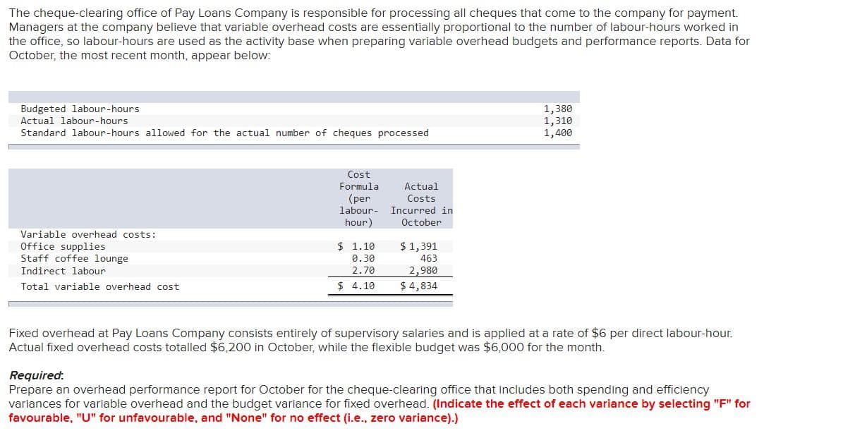 The cheque-clearing office of Pay Loans Company is responsible for processing all cheques that come to the company for payment.
Managers at the company believe that variable overhead costs are essentially proportional to the number of labour-hours worked in
the office, so labour-hours are used as the activity base when preparing variable overhead budgets and performance reports. Data for
October, the most recent month, appear below:
Budgeted labour-hours
Actual labour-hours
Standard labour-hours allowed for the actual number of cheques processed
Variable overhead costs:
Office supplies
Staff coffee lounge.
Indirect labour
Total variable overhead cost
Cost
Formula
(per
labour-
hour)
$ 1.10
0.30
2.70
$4.10
Actual
Costs
Incurred in
October
$ 1,391
463
2,980
$ 4,834
1,380
1,310
1,400
Fixed overhead at Pay Loans Company consists entirely supervisory salaries and is applied at a rate of $6 per direct labour-hour.
Actual fixed overhead costs totalled $6,200 in October, while the flexible budget was $6,000 for the month.
Required:
Prepare an overhead performance report for October for the cheque-clearing office that includes both spending and efficiency
variances for variable overhead and the budget variance for fixed overhead. (Indicate the effect of each variance by selecting "F" for
favourable, "U" for unfavourable, and "None" for no effect (i.e., zero variance).)