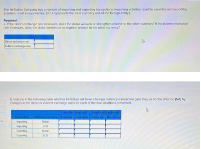 The Hi-Stakes Company has a number of importing and exporting transactions. Importing activities result in payables and exporting
activities result in receivables (CU represents the local currency unit of the foreign entity)
Required:
a. If the direct exchange rate increases, does the dollar weaken or strengthen relative to the other currency? If the indirect exchange
rate increases, does the dollar weaken or strengthen relative to the other currency?
Direct exchange rate
Indirect exchange rate
b. Indicate in the following table whether H-Stakes will have a foreign currency transaction gain, loss, or not be affected (NA) by
changes in the direct or indirect exchange rates for each of the four situations presented
Importing
Importing
Exporting
Exporting
Dollar
LCU
Dollar
LCU
