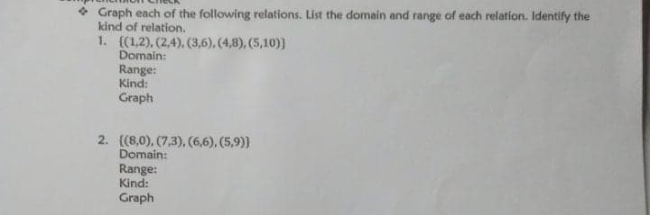 Graph each of the following relations. List the domain and range of each relation. Identify the
kind of relation.
1. ((1,2), (2,4), (3,6), (4,8), (5,10)}
Domain:
Range:
Kind:
Graph
2. {(8,0), (7,3), (6,6), (5,9)}
Domain:
Range:
Kind:
Graph
