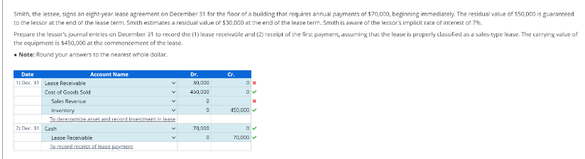 Smith, the lessee, signs an eight-year lease agreement on December 31 for the floor of a building that requires annual payments of $70,000, beginning immediately. The residual value of $50,000 is guaranteed
to the lessor at the end of the lease term. Smith estimates a residual value of $30,000 at the end of the lease term. Smith is aware of the lessor's implicit rate of interest of 7%.
Prepare the lessor's journal entries on December 31 to record the (1) lease receivable and (2) receipt of the first payment, assuming that the lease is properly classified as a sales-type lease. The carrying value of
the equipment is $450,000 at the commencement of the lease.
• Note: Round your answers to the nearest whole dollar.
Date
1) Dec. 31
Account Name
Lease Receivable
Cost of Goods Sold
Sales Revenue
Dr.
30,000
Cr.
0x
v
450,000
v
с
x
0
450,000
Inventory
To derecognize asset and record investment in lease
2) Dec. 31 Cash
Lease Receivable
To record receipt of lease payment
70,000
D
0
70,000✔