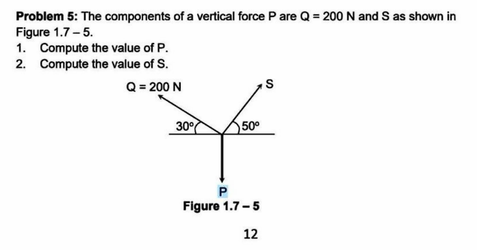 Problem 5: The components of a vertical force P are Q = 200 N and S as shown in
Figure 1.7 - 5.
1. Compute the value of P.
2. Compute the value of S.
Q = 200 N
30°
50⁰
P
Figure 1.7-5
12
S