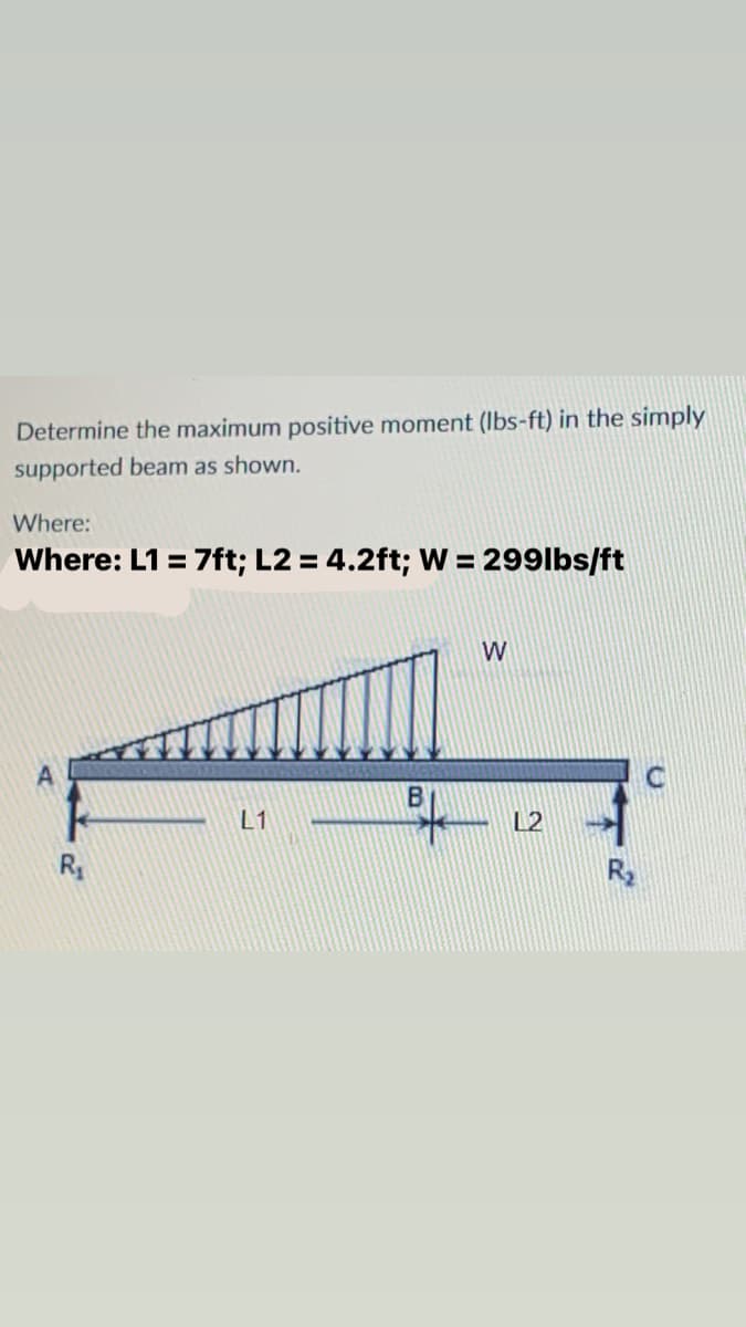 Determine the maximum positive moment (lbs-ft) in the simply
supported beam as shown.
Where:
Where: L1 = 7ft; L2 = 4.2ft; W = 299lbs/ft
W
A
L1
R₁
B
p
L2
R₂