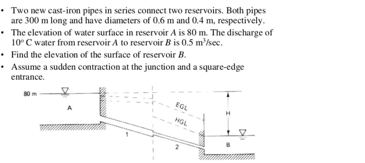 • Two new cast-iron pipes in series connect two reservoirs. Both pipes
are 300 m long and have diameters of 0.6 m and 0.4 m, respectively.
• The elevation of water surface in reservoir A is 80 m. The discharge of
10° C water from reservoir A to reservoir B is 0.5 m³/sec.
• Find the elevation of the surface of reservoir B.
• Assume a sudden contraction at the junction and a square-edge
entrance.
80 m
EGL
A
HGL
1
в
2.
