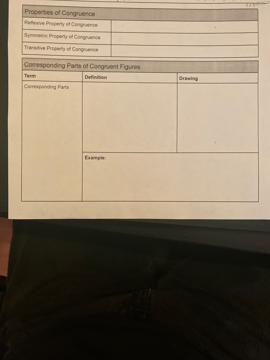 Properties of Congruence
Reflexive Property of Congruence
Symmetric Property of Congruence
Transitive Property of Congruence
Corresponding Parts of Congruent Figures
Term
Definition
Drawing
Corresponding Parts
Example:
