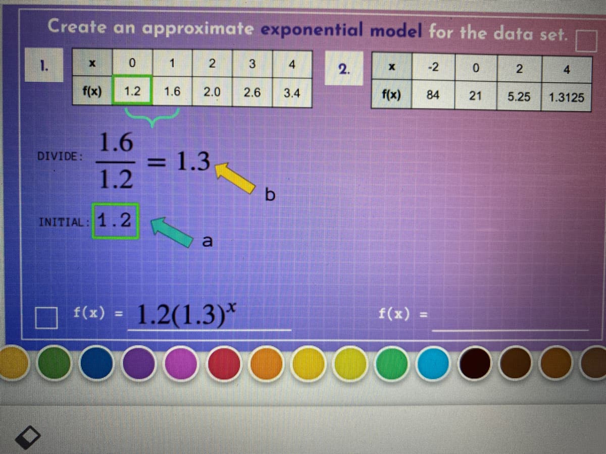 Create an approximate exponential model for the data set.
1.
1
4
2.
-2
4.
f(x)
1.2
1.6
2.0
2.6
3.4
f(x)
84
21
5.25
1.3125
1.6
DIVIDE:
= 1.3
1.2
b
INITIAL: 1.2
a
f(x) = 1.2(1.3)*
f(x) =
%3D
%3D
