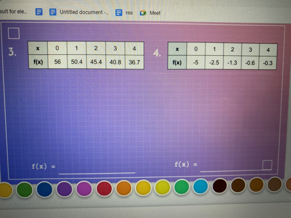 sult for ele...
E E Untitled document -..
E rea
CA Meet
3
4
1
2
3.
4
4.
f(x)
56
50.4
45.4
40.8
36.7
f(x)
-5
-2.5
-1.3
-0.6
-0.3
f(x) =
f(x) =
%3D
2.
