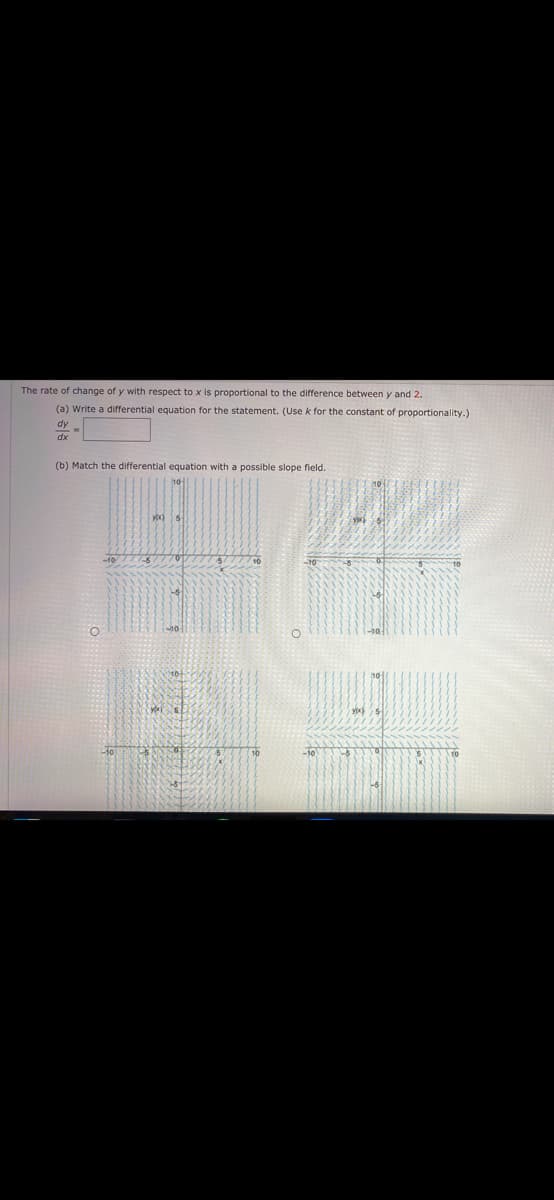 The rate of change of y with respect to x is proportional to the difference between y and 2.
(a) Write a differential equation for the statement. (Use k for the constant of proportionality.)
dy
(b) Match the differential equation with a possible slope field.
