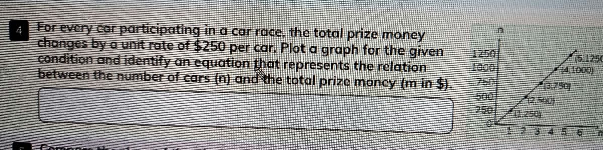 For every car participating in a car race, the total prize money
changes by a unit rate of $250 per car Plot a graph for the given
condition and identify an equation that represents the relation
between the number of carS (n) and the total prize money (m in $).
4
1250
1000
5単250
700
车50
2500
生501
2501
123456
