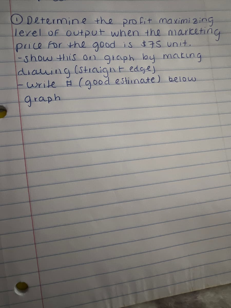 O Determine the profit maximizing
level of output when the marketing
price for the good is $75 unit.
-show this on graph by making
drawing (straight edgej
write # (good estinate) below
graph