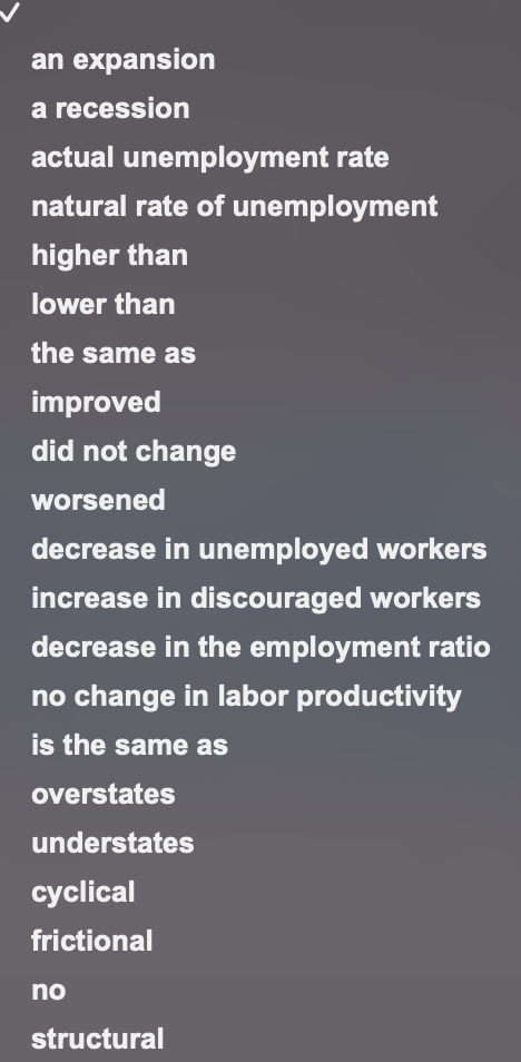 an expansion
a recession
actual unemployment rate
natural rate of unemployment
higher than
lower than
the same as
improved
did not change
worsened
decrease in unemployed workers
increase in discouraged workers
decrease in the employment ratio
no change in labor productivity
is the same as
overstates
understates
cyclical
frictional
no
structural